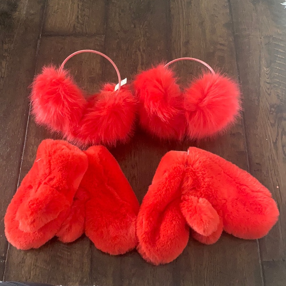 Girls red mittens earmuffs twins Christmas fluffy